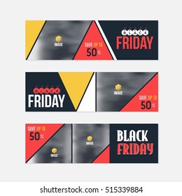 Black Friday Sale Website Banner, Horizontal Background, Flat Web Layout Ad Vector Cover Illustration. Image Add Business Advertisement Banners Design Collection with Creative Geometric Elements Set