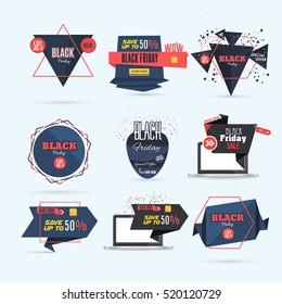 Black Friday Sale Website Banner, Elements, Flat Web Layout Ad Vector Illustration. Business Advertisement Banners Design, Gift Voucher with Creative Different Geometric Shapes