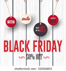 Black Friday Sale Website Banner, White Wooden Background, Web Layout Ad Vector Cover. Hanging Elements, Business Advertisement Design with Creative Wood Style Realistic Illustration