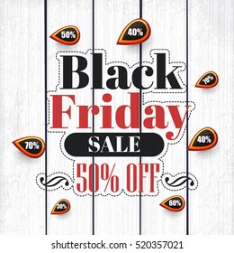 Black Friday Sale Website Banner, White Wooden Background, Web Layout Ad Vector Cover. Discount Shop Elements, Business Advertisement Design with Creative Wood Style Realistic Illustration