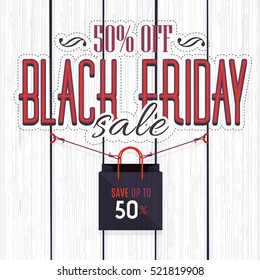 Black Friday Sale Website Banner, White Wooden Background, Web Layout Ad Vector Cover. Hanging Shop Bag, Business Advertisement Design with Creative Wood Style Realistic Illustration