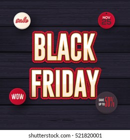 Black Friday Sale Website Banner, Wooden Background, Web Layout Ad Vector Cover. Discount Shop Elements, Business Advertisement Design with Creative Wood Style Realistic Illustration