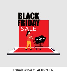 Black friday sale website vector template a girl shopping with a cart   coming out from  mobile vector  for advertising , promotion , websites , apps 