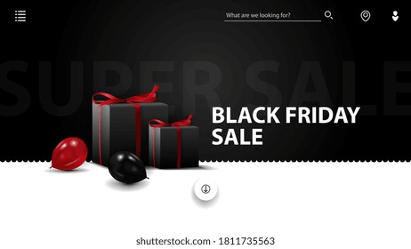Black Friday sale, black and white discount banner for website in minimalistic style with black gifts and balloons