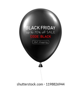 Black friday sale white promo card with black isolated balloon. Special offer up to 70% off, start shopping. Vector background. 
