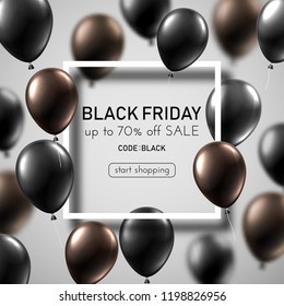 Black friday sale white promo poster with color balloons and white square frame. Special offer up to 70% off, start shopping. Vector background. 
