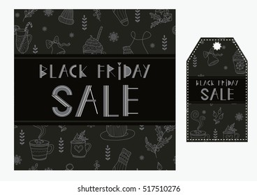 Black Friday Sale. Winter. Christmas And New Year. Seamless Pattern With Cute Hand Drawn Elements. All Elements Are  Hidden Under Mask. Pattern Are Not Cropped And Can Be Edited