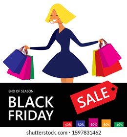 Black Friday Sale. Woman with shopping bags.