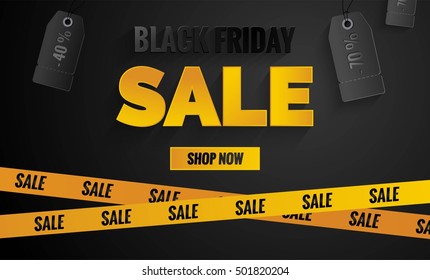 Black friday sale black and yellow banner. Sale poster with price tags and yellow caution tape. Vector illustration.