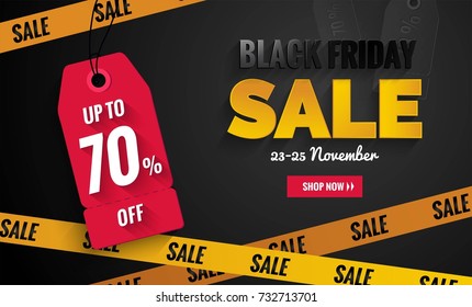 Black friday sale black and yellow banner.Sale poster with price tags and yellow caution tape. Vector illustration.