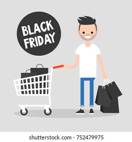 Black Friday sale. Young character holding a bunch of black shopping bags. Special offer. Shopping cart. Big sale event. Flat editable vector illustration, clip art