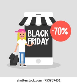 Black Friday sale. Young character holding a bunch of black shopping bags. Special offer. Online shopping. Mobile phone. Online store. Autumn sale event. Flat editable vector illustration, clip art
