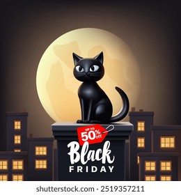 Vendas Black Friday. Gato 3D no fundo da cidade da noite. Grandes descontos. Banner escuro para conceitos publicitários e promoção de produtos. Vetor