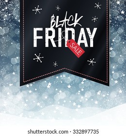 Black Friday sales Advertising Poster with Snow Fall Background. Christmas sale