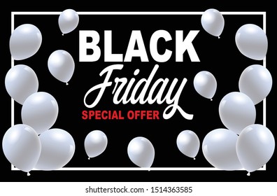 Black Friday sales background with balloons on a black background. Modern design. Universal vector background for posters, banners, leaflets, cards.