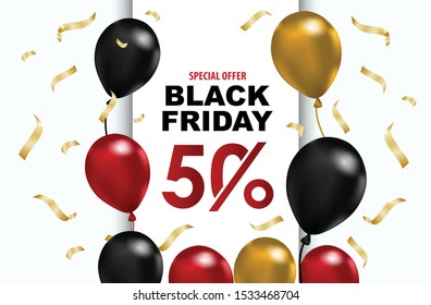 Black Friday sales background. balloons with on a White background. Creative Concept Banner Design Black Friday celebration. copy space text area. Suitable in use for template design, brochure, banner