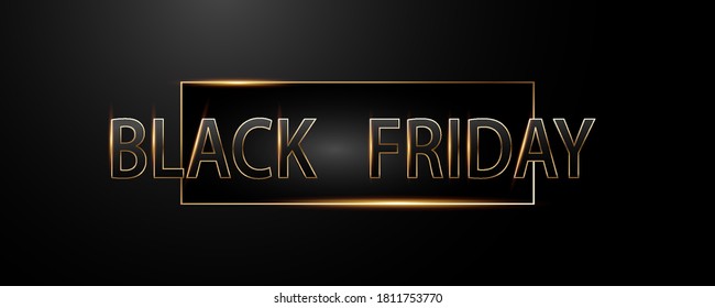 Black Friday sales background with black and gold letters. Modern design with gold frame and black background. Universal vector background for sale posters and banners.