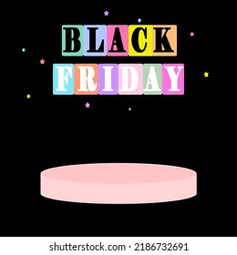 Fondo de ventas del Black Friday con podiums de color rosa claro. Diseño colorido y negro. Para afiches, pancartas, volantes, tarjetas.