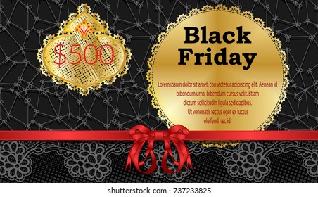 Black Friday sales background.Template gift voucher with a satin ribbon and lace.
