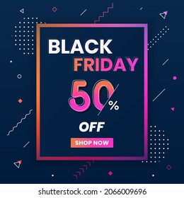 Black Friday sales banner 50% off. Black Friday promotion 50% discount offer