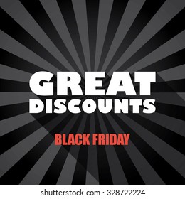 Black friday sales banner template with great discounts message and long shadow typography on dark background. Eps10 vector illustration.