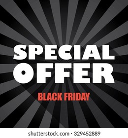 Black friday sales banner template with special offer message and long shadow typography on dark background. Eps10 vector illustration.