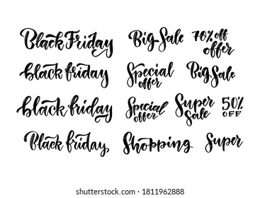 Black Friday sales brush lettering inscriptions set. Handmade typography labels for advertising. Vector vintage illustration for ad banners