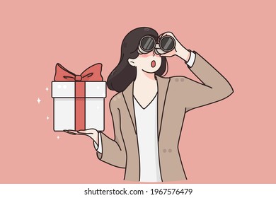 Black Friday, sales and discount concept. Young surprised woman cartoon character standing with gift box and binoculars in hands vector illustration 