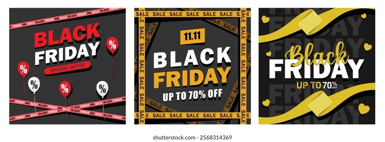 Black Friday Sales. Discount offers up to 70%. Sale sign with yellow ribbon. Black Friday sale concept. Set flat vector illustration.