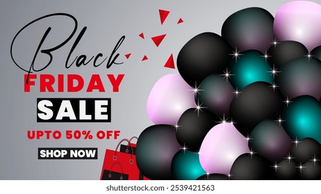 Descuento de ventas del viernes negro en el marco de Anuncio de fondo con globos y parpadeos de iluminación
para el Anuncio de Plantilla de diseño. Los globos y parpadeos luminosos exclusivos de este Black Friday están en formato Vector.