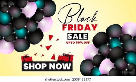 Descuento de ventas del viernes negro en el marco de Anuncio de fondo con globos y parpadeos de iluminación
para el Anuncio de Plantilla de diseño. Los globos y parpadeos luminosos exclusivos de este Black Friday están en formato Vector.
