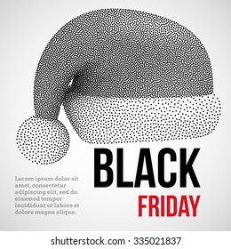 Black Friday Sales Dotwork Halftone Banner with Santa Claus Hat. Engraving Vector Illustration. 