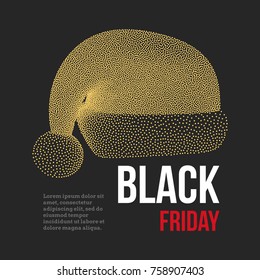Black Friday Sales Dotwork Halftone Banner with Santa Claus Hat. Engraving Vector Illustration.