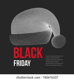 Black Friday Sales Dotwork Halftone Banner with Santa Claus Hat. Engraving Vector Illustration.