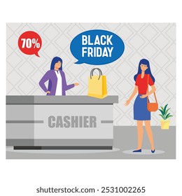 Black Friday Sales Event. Person Character with Shopping Bags. Big Discount, Promo Concept, Advertising Poster, Banner. flat vector modern illustration 