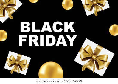 Black Friday Sales. Gold balloons and gifts on a black background, the creative concept of Black Friday. With modern design style. Vector illustration