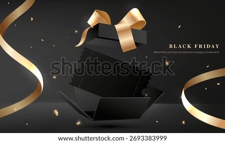 Black Friday sales include horizontal illustrations with golden ribbons and open gift boxes