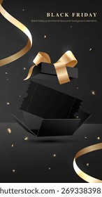 Black Friday sales include vertical illustrations with golden ribbons and open gift boxes