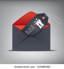 Black Friday sales invitation sales tag in envelope. Eps10 vector illustration