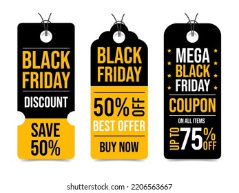 Black friday sales labels. Discount black and orange tags collection. Vector flat set stickers template with great deals