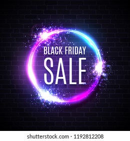 Black friday sales in neon circle background. Geometric shape glowing tag. Modern round shopping sign on dark blue purple brick background. Black friday design. Bright electric vector illustration.