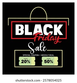 Black Friday sales promotion  event with discounts, coupons and highlighted bold typography. Flat vector modern illustration 