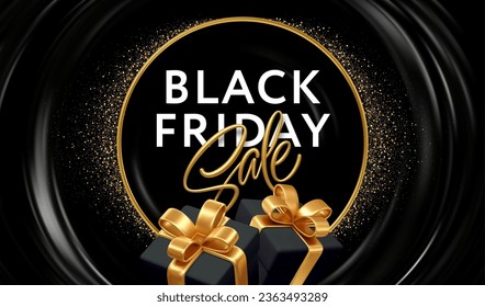 Diseño de banner promocional para ventas del Black Friday. Regalos 3d, Marco redondo dorado, Glitter dorado, Fondo gradiente de flujo negro. EPS10 de ilustración vectorial