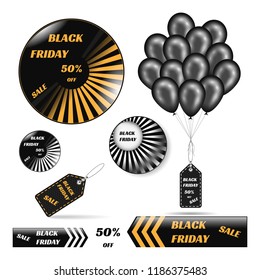Black friday sales set of icon and stickers with shiny balloons yellow black color. Vector stock sign