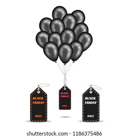Black friday sales set of icon and stickers with shiny air balloons black color. Vector stock sign