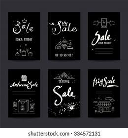 Black friday sales tag, ad banner, flyer, poster template. Thin line concept illustrations, handwritten text, brush strokes and ink splatters. Shopping and retail vector collection.