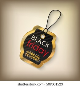 Black friday sales tag and banner in style with golden elements. Discount and price, design label,  emblem, flat style discount symbols. Vector Illustration.