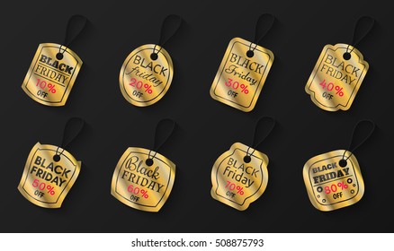 Black friday sales tag and banners set in style with golden elements. Discount and price, design label,  emblem, flat style discount symbols. Big Set offer and retail illustration. Vector Illustration