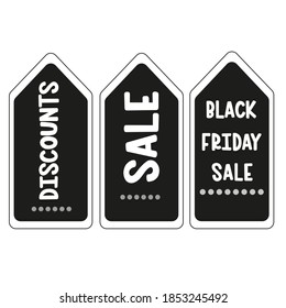 Black Friday sales tag. Black Friday design, sale, discount, advertising, marketing price tag. Clothes, furnishings, cars, food sale. Abstract banner with black Friday on white background. Store label