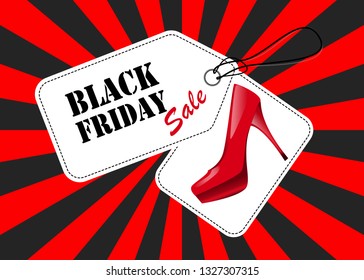 Black Friday sales tag and lady shoes isolate on white background. vector illustration.